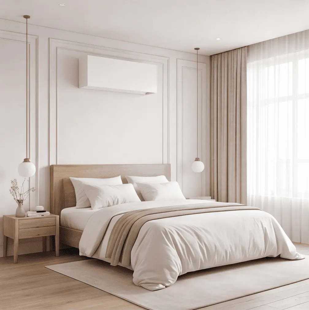 Chambre blanche, cache blanc au-dessus du lit