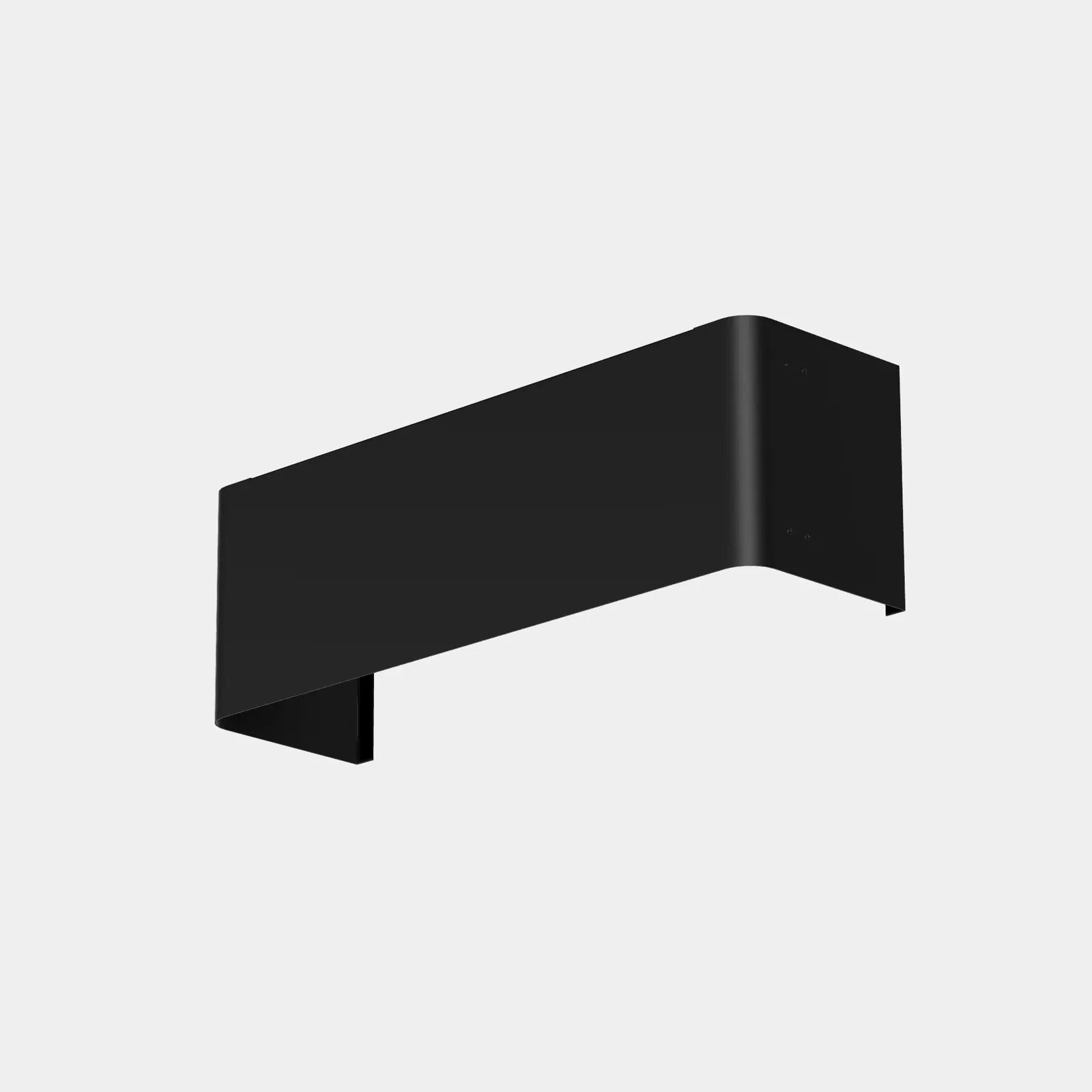 Rendu 3D d'un cache noir à bords arrondis : façade plane qui rejoint les flancs par un angle arrondi