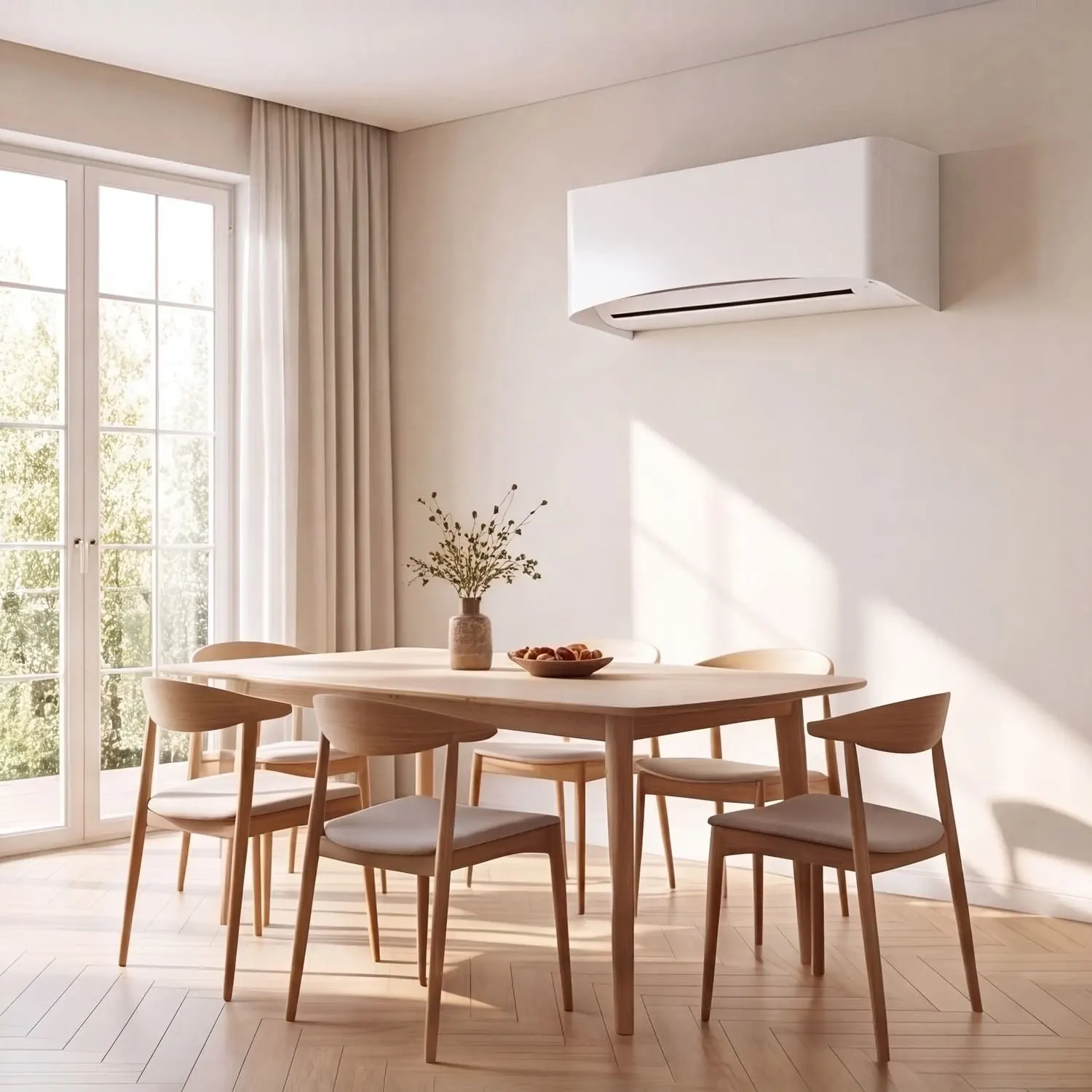Salle à manger blanche, cache clim intérieur arqué blanc au-dessus de la table