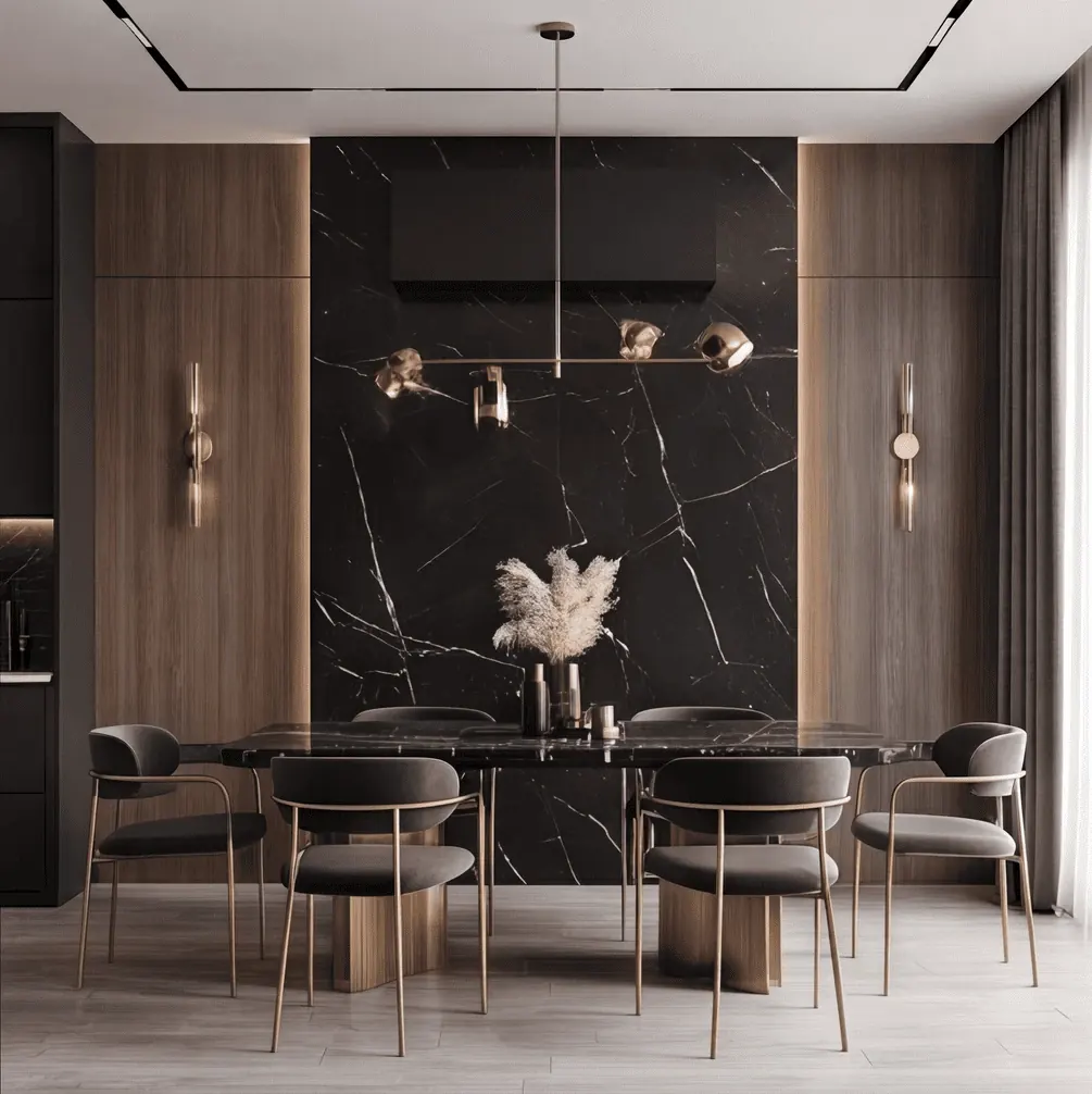 Salle à manger sombre, cache noir entre deux panneaux de bois
