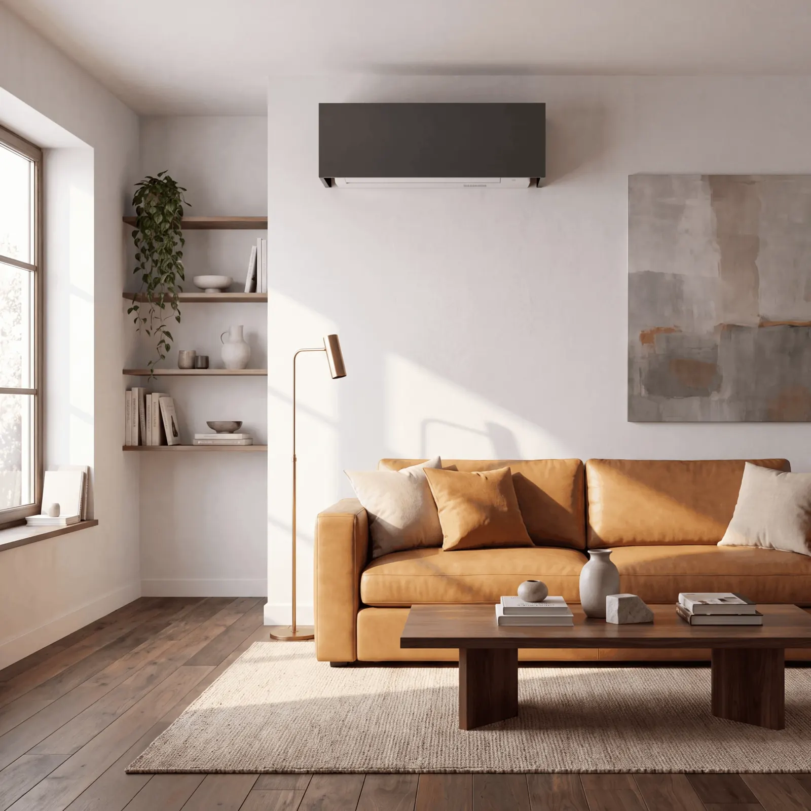 Salon avec canapé en cuir, cache noir au mur